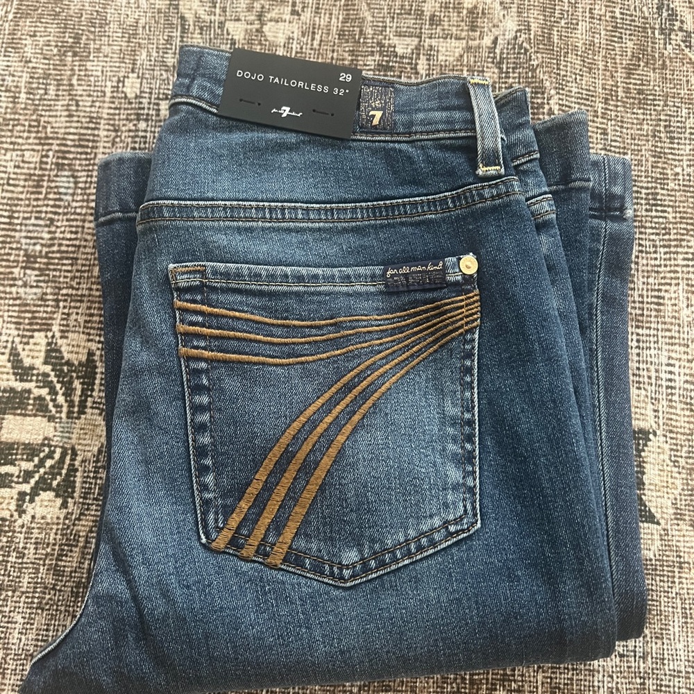 7 For All Mankind Women's Blue Boot Cut Jeans with Gold Stitching